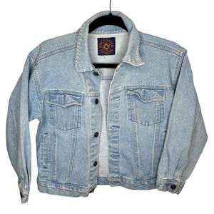 Uncharted Designs Light Wash Blue Button Up Denim Jean Jacket Size Small